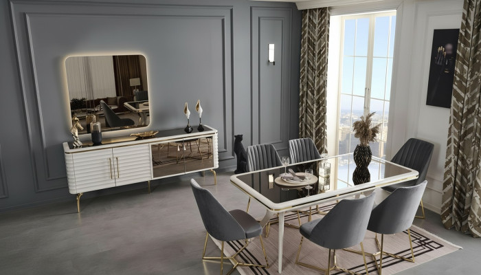Weiß-Graue Esszimmer Garnitur Holztisch 6x Textil Stühle Sideboard 9tlg