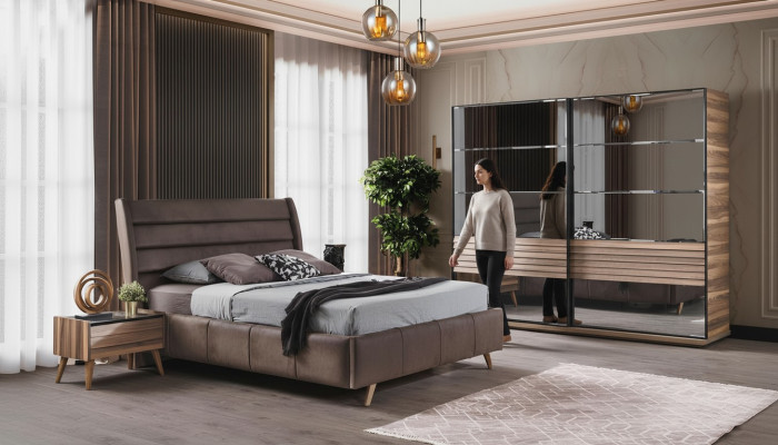 Moderne Schlafzimmer Möbel Polster Doppelbett Holz Nachttische Schrank