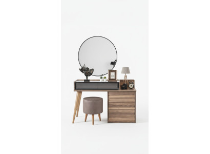 Brauner Holz Schminktisch mit Rundspiegel Designer Schlafzimmer 2tlg Set Konsole