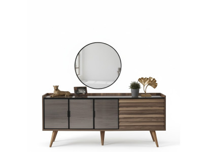 Braunes Esszimmer Set Stilvolles Sideboard Rundspiegel Holzmöbel 2tlg