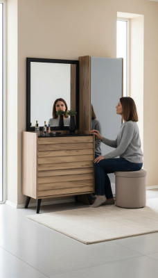 Braune Hochkommode mit Spiegel Designer Schlafzimmer Konsole 2tlg Set