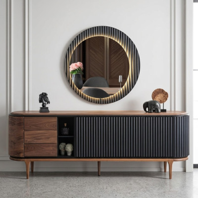 Stilvolle Garnitur Designer Braunes Sideboard Rundspiegel 2tlg Holz Set