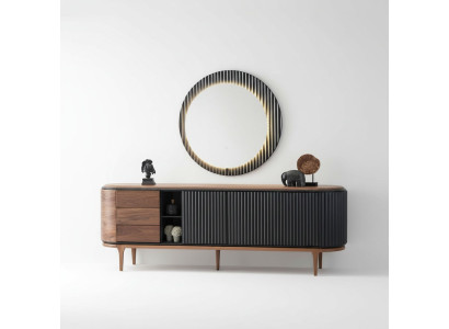 Stilvolle Garnitur Designer Braunes Sideboard Rundspiegel 2tlg Holz Set
