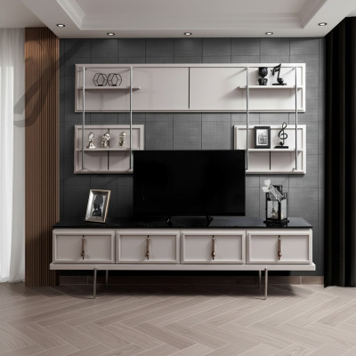 Weiße Wohnzimmer Wandgarnitur TV-Schrank Luxus Hängeregal 3tlg Set Neu