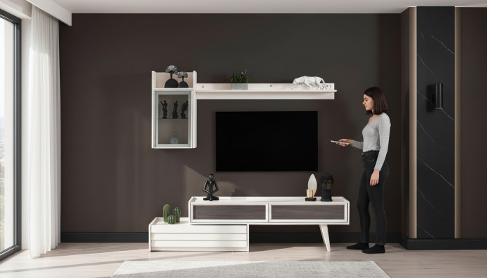 Weiße Holz Wohnwand Designer Wandschrank Luxus Regal Edler TV-Schrank