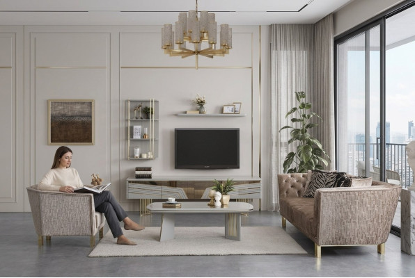 Moderne Graue Wohnzimmer Garnitur Luxus TV-Schrank Wandschränke Regale