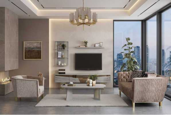 Moderne Graue Wohnzimmer Garnitur Luxus TV-Schrank Wandschränke Regale