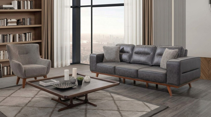 Graue Wohnzimmer Sofagarnitur Dreisitzer Sessel Luxus Polster Sitzer