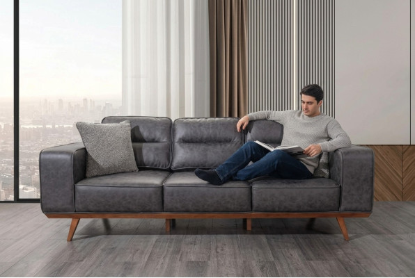 Moderner Grauer 3-Sitzer Polstermöbel Luxus Ledersofas Wohnzimmer Möbel