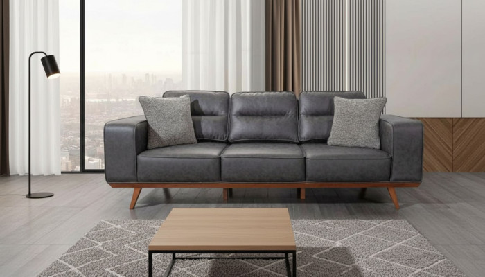Moderner Grauer 3-Sitzer Polstermöbel Luxus Ledersofas Wohnzimmer Möbel