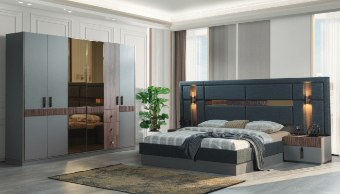 Graues Schlafzimmer Komplettes Set Bett 2x Nachttische Kleiderschrank