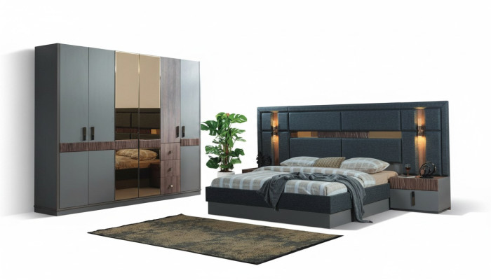 Graues Schlafzimmer Komplettes Set Bett 2x Nachttische Kleiderschrank