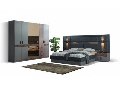 Graues Schlafzimmer Komplettes Set Bett 2x Nachttische Kleiderschrank