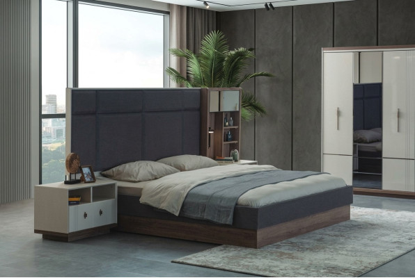 Graues Schlafzimmer Bett Designer Garnitur Doppelbett 2x Nachttische
