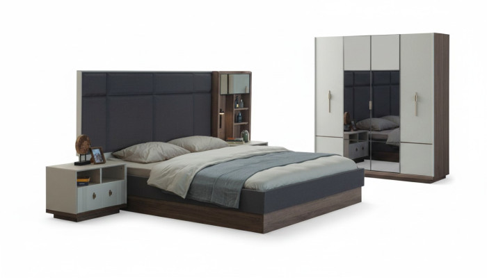 Graues Schlafzimmer Bett Designer Garnitur Doppelbett 2x Nachttische