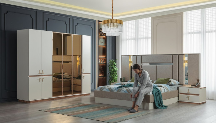Designer Bett Holz Kleiderschrank Luxuriöse Nachttische Schlafzimmer Set