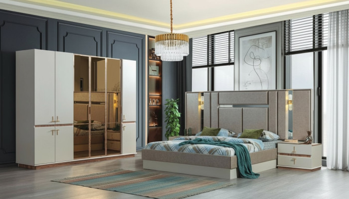 Designer Bett Holz Kleiderschrank Luxuriöse Nachttische Schlafzimmer Set