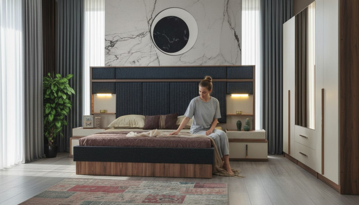 Moderne Schlafzimmer Garnitur Doppelbett Holz Nachttische Textilbett