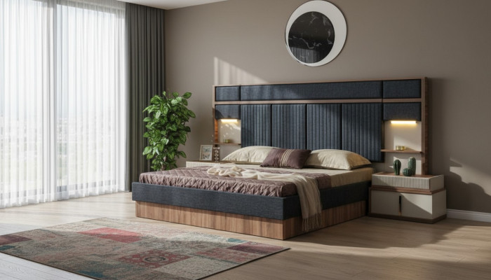 Moderne Schlafzimmer Garnitur Doppelbett Holz Nachttische Textilbett