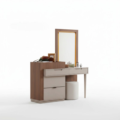 Beige-Braune Schlafzimmer Kommode Designer Schminktisch Mit Spiegel 2tlg