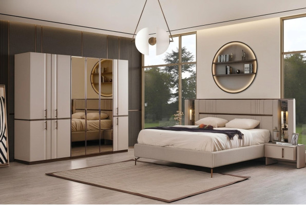 Modernes Beiges Doppelbett 2x Nachttische Kleiderschrank Holz Möbel