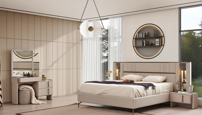 Moderne Schlafzimmer Möbel Beiges Doppelbett 2x Nachttische Schminktisch