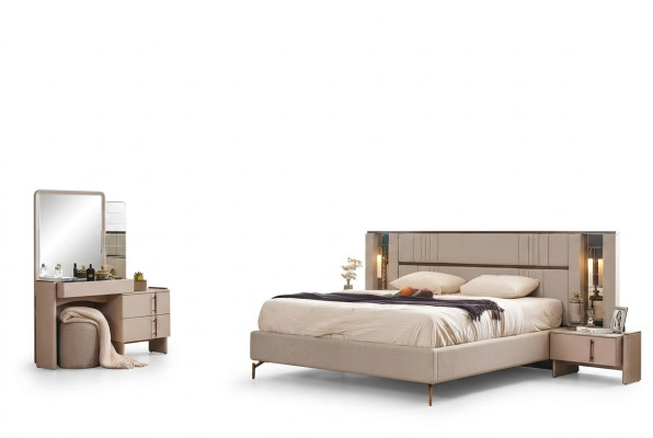 Moderne Schlafzimmer Möbel Beiges Doppelbett 2x Nachttische Schminktisch