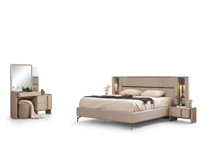 Moderne Schlafzimmer Möbel Beiges Doppelbett 2x Nachttische Schminktisch
