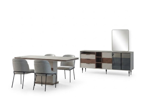 Weiße Essgruppe Rechteckiger Esstisch 4x Stühle Sideboard Luxus Spiegel