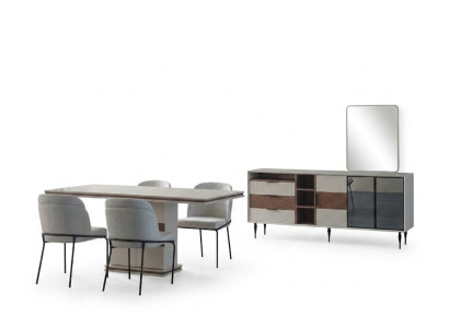 Weiße Essgruppe Rechteckiger Esstisch 4x Stühle Sideboard Luxus Spiegel