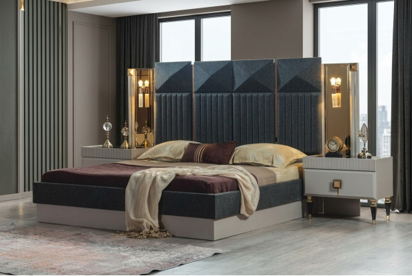 Moderne Schlafzimmer Möbel Designer Graues Bett 2x Holz Nachttische 3tlg