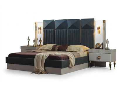 Moderne Schlafzimmer Möbel Designer Graues Bett 2x Holz Nachttische 3tlg