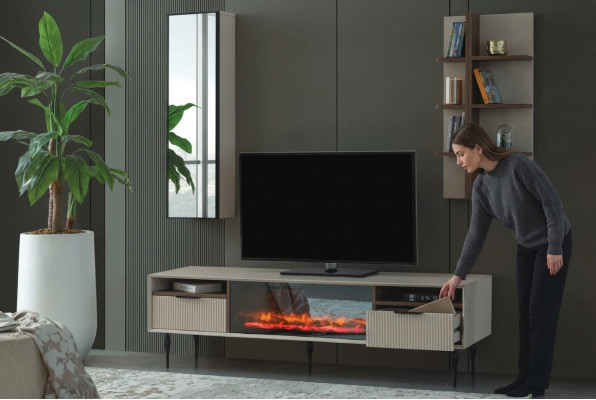 Beige Wohnwand Designer TV-Schrank Wandregal Luxus Holz Regal 3tlg Set