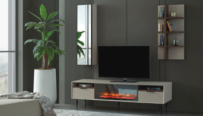 Beige Wohnwand Designer TV-Schrank Wandregal Luxus Holz Regal 3tlg Set