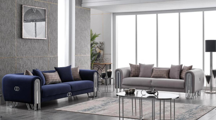 Samt Couch Silber Luxus Sofagarnitur 3+3 Sitzer Couchen Sofa 2tlg.