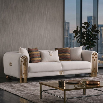 Weißer Wohnzimmer Edelstahl Couch Polstermöbel Textil Design Stil Sofa