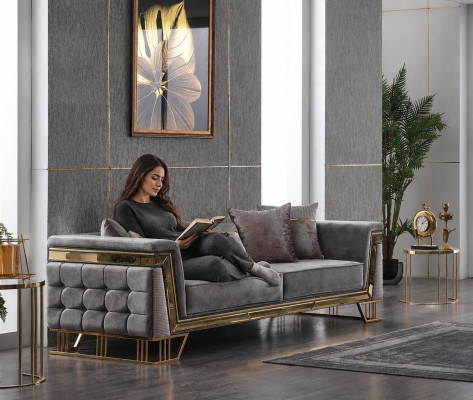 Grauer Dreisitzer Luxus Wohnzimmercouch Designer Textil Sofa Sitzmöbel