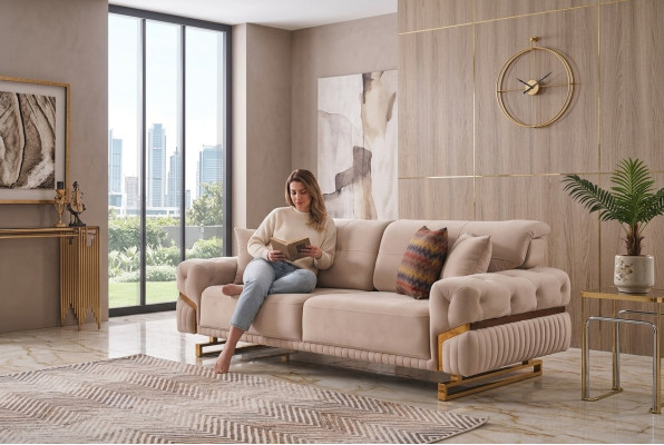 Beiger Dreisitzer Edelstahlmöbel Wohnzimmer Couch Luxus Textil Sofa