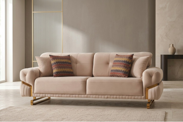 Beiger Dreisitzer Edelstahlmöbel Wohnzimmer Couch Luxus Textil Sofa