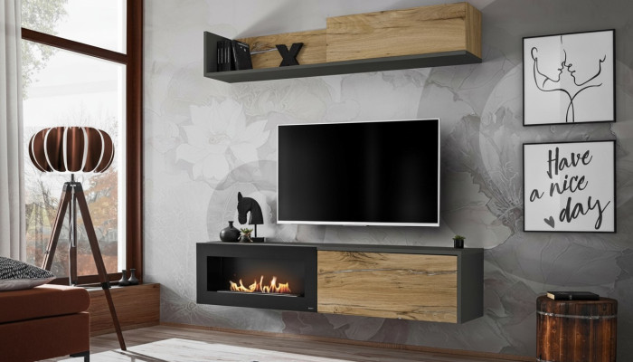 Wohnwand tv Möbel Wohnzimmer Regal TV Ständer mit KaminModern Holz Braun