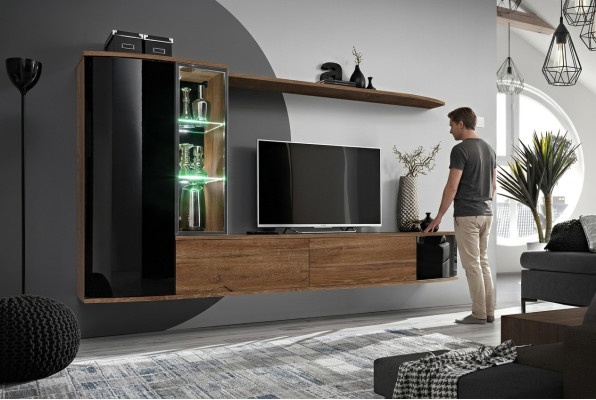 Wohnwand Set Luxus Wohnzimmer TV Ständer Holz Wandregal Wandschrank Neu