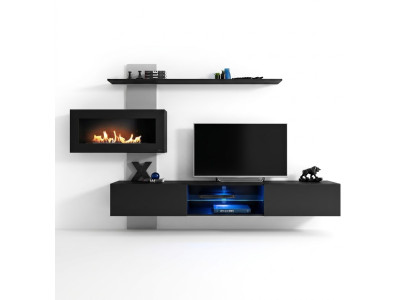Schwarz Wohnwand mit Kamin Wohnzimmer Designer Modern Möbel TV Ständer