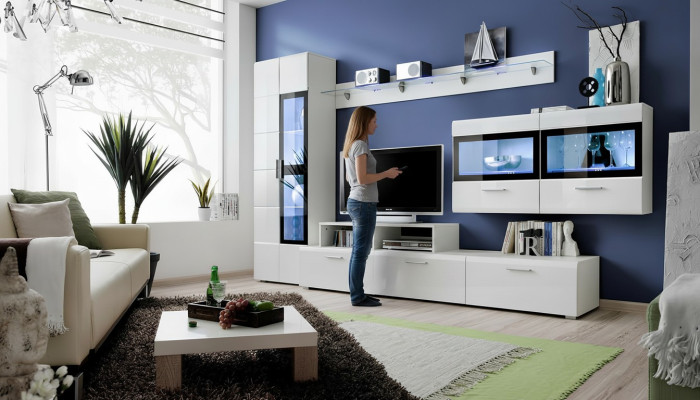 Wohnwand Luxus Set Wohnzimmer TV Ständer Vitrine Holz Wandschrank Neu