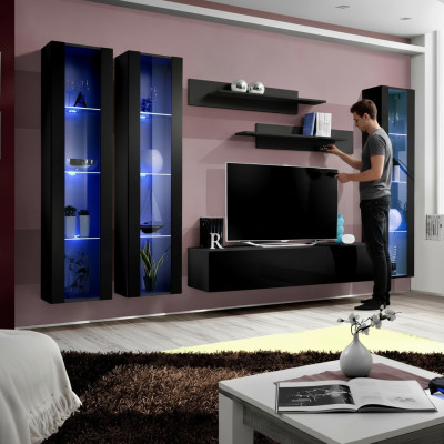 Schwarz Wohnwand Hänge Vitrine Set 6 tlg Wohnzimmer Garnitur Modern Holzmöbel
