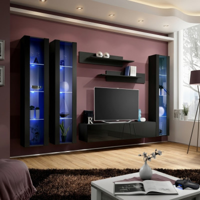 Schwarz Wohnwand Hänge Vitrine Set 6 tlg Wohnzimmer Garnitur Modern Holzmöbel