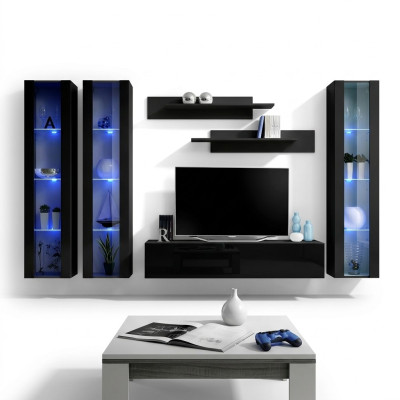 Schwarz Wohnwand Hänge Vitrine Set 6 tlg Wohnzimmer Garnitur Modern Holzmöbel
