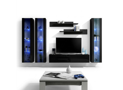 Schwarz Wohnwand Hänge Vitrine Set 6 tlg Wohnzimmer Garnitur Modern Holzmöbel