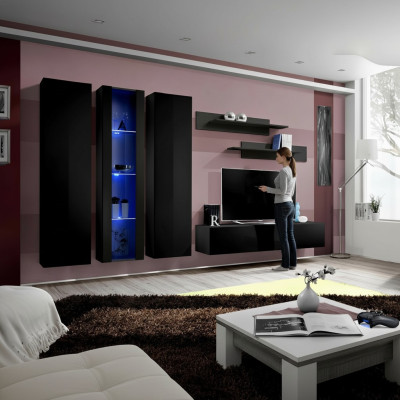 Holzmöbel Wohnwand Wandschrank Schwarz TV-Ständer Garnitur Hänge Vitrine