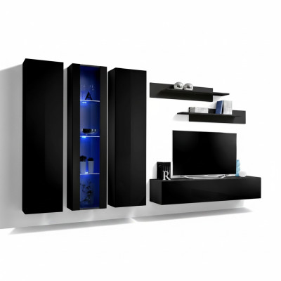 Holzmöbel Wohnwand Wandschrank Schwarz TV-Ständer Garnitur Hänge Vitrine