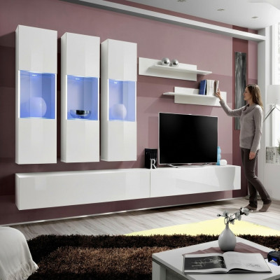 Wohnzimmer RTV Hänge Vitrine Wohnwand Holz Design Weiß Modern Neu Set 7tlg.